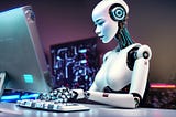 A robot typing at a computer