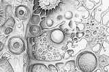 A black and white pencil sketch of cells and viruses and organic tissue. Image generated by MidJourney.
