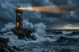 A lone lighthouse standing firm on rocky outcrop as powerful storm waves crash around it, its beam of light cutting through dark, turbulent clouds at dusk.