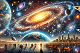 A breathtaking cosmic scene showing Earth, the solar system, the Milky Way, and the vast cosmic web, highlighting interconnectedness and duality.