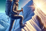 Image of a woman climbing a snowcapped mountain with the sun rising at the top, casting a warm glow on her happy face. It captures the sense of achievement and new beginnings!