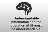 A light gray silver background with an image of a brain with words in black font under the image that say Understandable, Information and the operation of UI must be understandable.