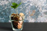 A glass filled with coins with a plant growing from it.