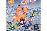 Illustration for Chapter 2: Lailya swims with her giant goldfish friend Bulumbu in the ocean and discovers beautiful plants and sea flowers.