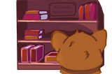 Corgi looking at library of books titled research repository