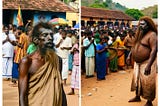 Two photos set in Northern Sri Lanka. Both showing crowds of devotees standing next to a mystic. In one the mystic is gaunt and dark-skinned, in the other the mystic is tall, fat, and dark-skinned.