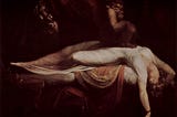 the painting depicts a woman in a state of distress, overpowered by a dark, shadowy figure, symbolizing the struggle between vulnerability and malevolent forces