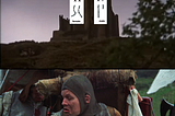 Two panels. 1) A castle on a hill with diagrams of XX and XY chromosomes imposed over it. 2) A man in medieval costume looking unimpressed, caption reads “It’s only a model”.