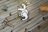 A cartoon of a white bunny wearing a yellow hardhat using a crowbar to pry a floor board, drawn on top of a photo of a pine floor. Meanwhile a blue bird and a brown bunny are watching. There is also a mallet on the floor. Drawing and photo by Doodleslice 2024