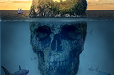 An image of an island skull surrounded by sharks and sunken boats