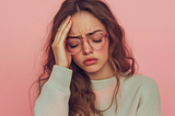 article key visual with a young woman with glasses, looking nerdy, showing a strong emotional pain, demonstrating a recent pain, feeling painful. Key colors “e11a72. Studio shot, hyper-realistic, photo realistic, canon D118 shot,, flat pale pink background,