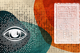 Abstract image of an all-seeing eye and a Rosetta Stone of components.
