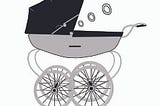 Side view of a baby’s pram with three smoke rings emerging from under the hood.