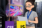 Cartoon einer Frau mit Brille und Laptop im Serverraum vor einem Gerät aus dem bunte Farbstreifen herauskommen, im Vordergrund die Logos von CSS und JS.