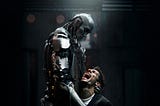 Standing in the rain, a robot cradles a human who knells and is screaming in distress as the robot holds them with either care or malice, apparently the robot in control. It is fraught and tense but also some care or regard seems to be happening between them as their fates are bound together.