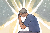A man prays for strength and wisdom. A light shines over him, and a constellation of stars twinkle in the distant above him.