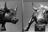 An old-timey prison mugshot in which the Wall Street ‘Charging Bull’ statue poses side-by-side, in profile and frontally, with Al Capone’s Alcatraz booking slate in each frame.