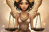 Illustration of a light brown-skinned female fairy holding a Libra balance scale