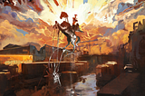 A digital painting of a dystopian cityscape at sunset, featuring a rearing horse statue in the foreground with neon signs, industrial buildings, and dramatic orange clouds in the background.