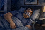 Watercolor illustration of a person sleeping on their side in a dark bedroom while wearing a CPAP mask. A tube connects the mask to a CPAP machine on a wooden nightstand beside the bed. A warm lamp glows nearby, with pillows, blue bedding, curtains, a window showing the night sky, and a framed picture in the background.