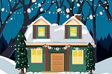 image of green home with blue sky and trees in background. Little lights hanging on the trees.