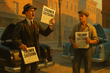 Two 1950s-style newsboys on opposite street corners — one well-dressed beside a shiny black car holding a paper titled Schumer Shutdown, the other in work clothes by an old Chevrolet with a paper titled Trump Shutdown.