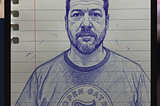Screencap of an AI rendering that converted a digital photo of the author into a mimicry of a hand-drawn pencil sketch as though it were rendered on a piece of torn-out notebook paper. It’s just a screencap, because I don’t want to encourage the algorithm.