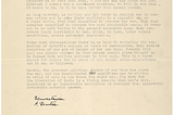 Typed letter titled “On My Participation in the Atom Bomb Project” by Albert Einstein, acknowledging his role in initiating the project through a letter to President Roosevelt. He reflects on the moral conflict of contributing to warfare as a pacifist and praises Gandhi’s nonviolent example as a path forward.