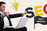Man in a suit celebrating while working on a laptop, with SEO graphics and a “Pretty Important!” flag.