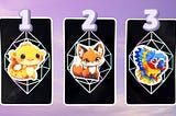 Tarot pick a card piles: pile 1 — axolotl, pile 2 — fox, and pile 3 — parrot