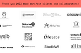 Set of logos of clients and collaborators in 2023, including IRIS, IDRC, ECE Lab, DesignWith, CRA, Ontario’s MECP, AlphaPlus, AECENL, WSIB, The Home Depot, LifeLabs, Ontario’s MAG, Sam Talbot Studios, October Systems, Studio Wé, All In