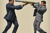 Two men in suits, wrestling over a bazooka