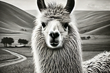 Black and white AI generated image of a llama with fields and hills as a backdrop