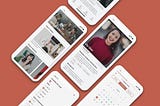 Five mobile screens with pictures of an app: home page, profile pages, search filters, and a calendar. All lay diagonally on a brown-red background.