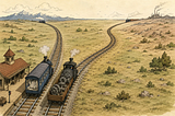 Two trains on railroad tracks that begin together but slowly diverge into different directions, symbolizing documentation drifting away from code.