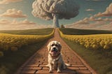 Toto the dog sits in the foreground, on a yellow brick road leading to a nuclear mushroom cloud