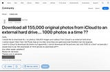 Apple Discussion Forum post asking how to export thousands of photos from iCloud