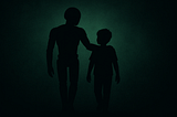 A silhouette of a robot walking beside a child with its arm over their shoulder, both framed in green hues against a bleak, digital horizon.