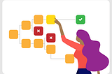 Illustrated image of a woman working on an interactive process map with her hand