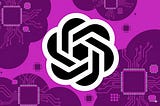 A large, stylized, black and white logo with six intertwined loops forming the OpenAI logo is centered against a vibrant purple background. The background is filled with repeating patterns of lighter purple clouds that contain white circuit board designs and glowing dots.