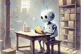 a robot sitting in a dusty research room