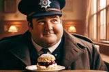 A portly policeman looking fondly at a delicious scone with cream and jam