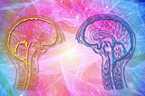 A picture of two brain diagrams with a wave of blue and pink colours as a background.