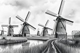 Image shows several windmills, a canal and grass — created on NightCafe with the prompt ‘Kinderdijk’.