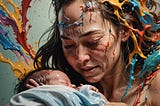 Woman holding new born baby surrounded by colorful fluids