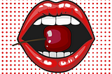 Illustration of a lipsticked mouth holding a cherry between its front teeth; the background is a grid of small red dots.