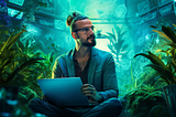 a man sitting in the middle of a green house with a laptop on his lap