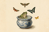 Frog in a pot surrounded by butterflies