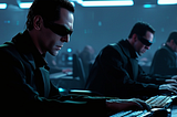 The image depicts a dark, futuristic setting with three men seated at computer stations, illuminated by the soft blue light of their screens. Each man is dressed in a dark suit and sunglasses, giving them a uniform, mysterious appearance. They are focused intently on their tasks, typing on keyboards in a room that suggests a high-tech, surveillance or command center environment. The overall atmosphere is tense and focused, evoking a sense of urgency and secrecy.
