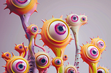 cartoon-like colorful pictures with many eyes staring in surprise